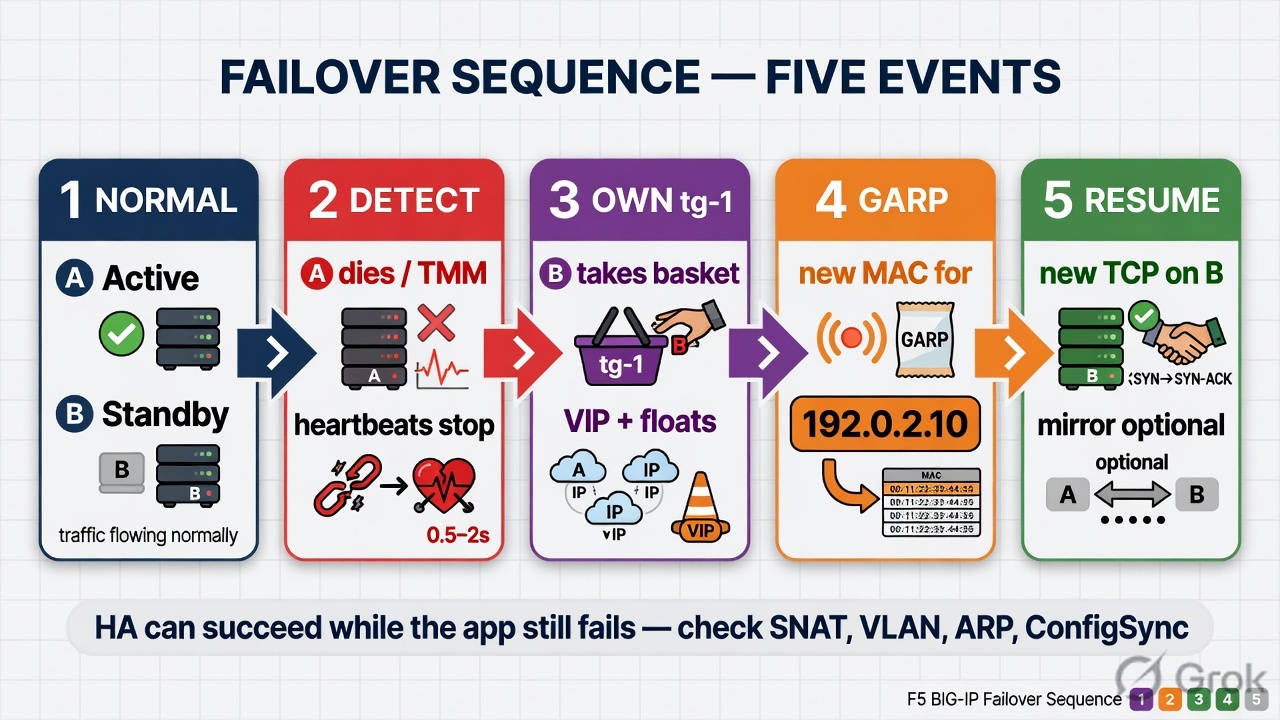 Five failover events from detect to GARP to resume