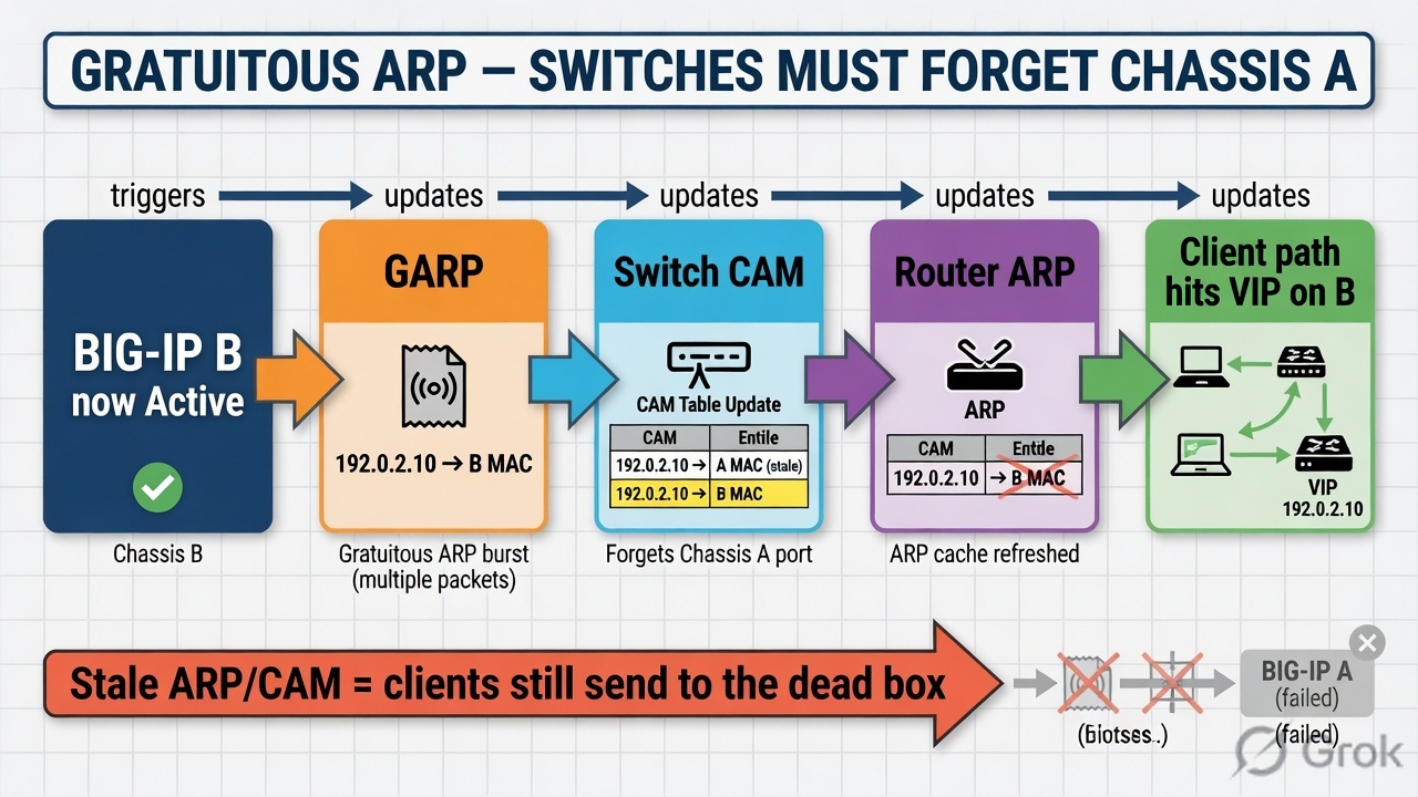 GARP updates switch CAM and router ARP to BIG-IP B