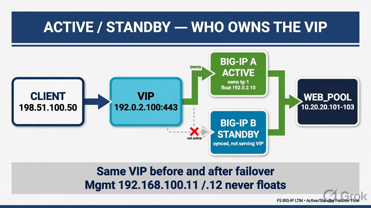 Client to VIP 192.0.2.100 to Active A, Standby B waiting