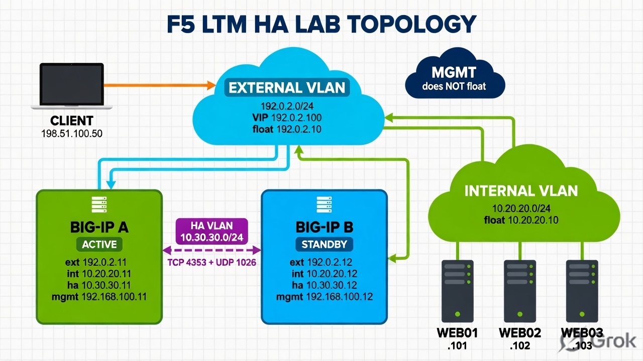Client, External VLAN, BIG-IP A Active, BIG-IP B Standby, HA VLAN, Internal VLAN, three web servers