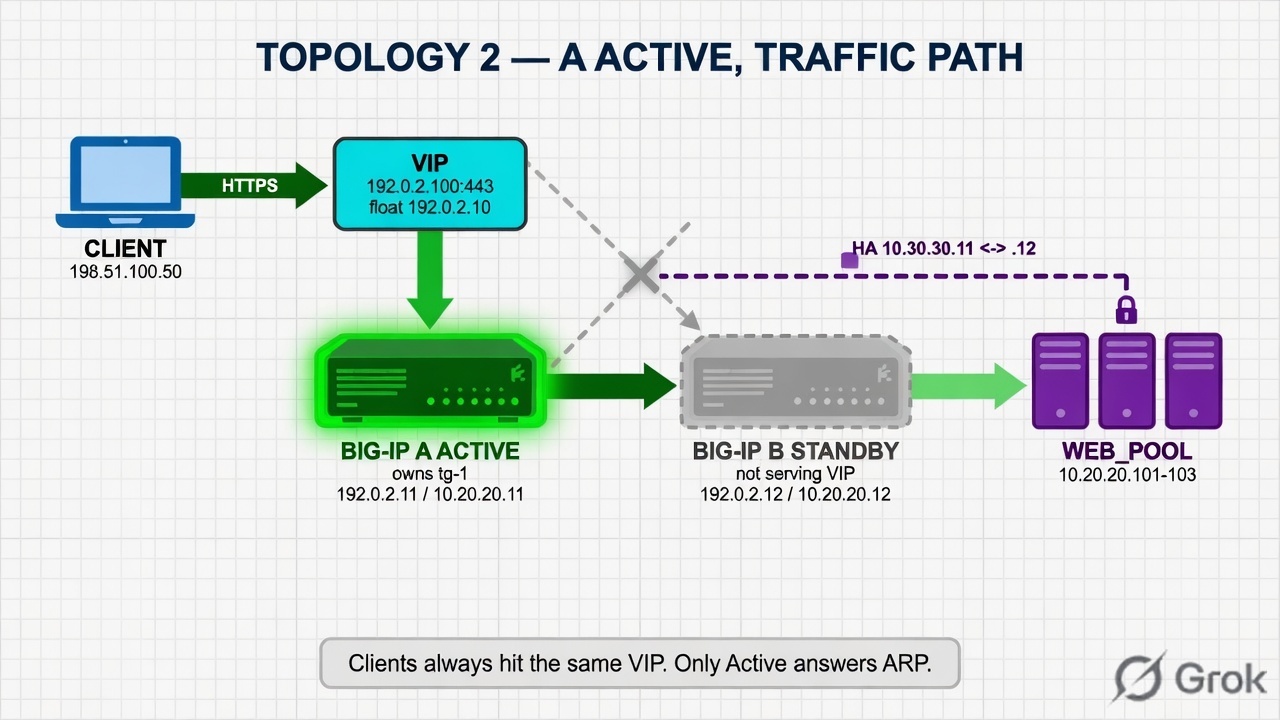 Client to VIP to BIG-IP A Active to WEB_POOL, BIG-IP B Standby greyed out