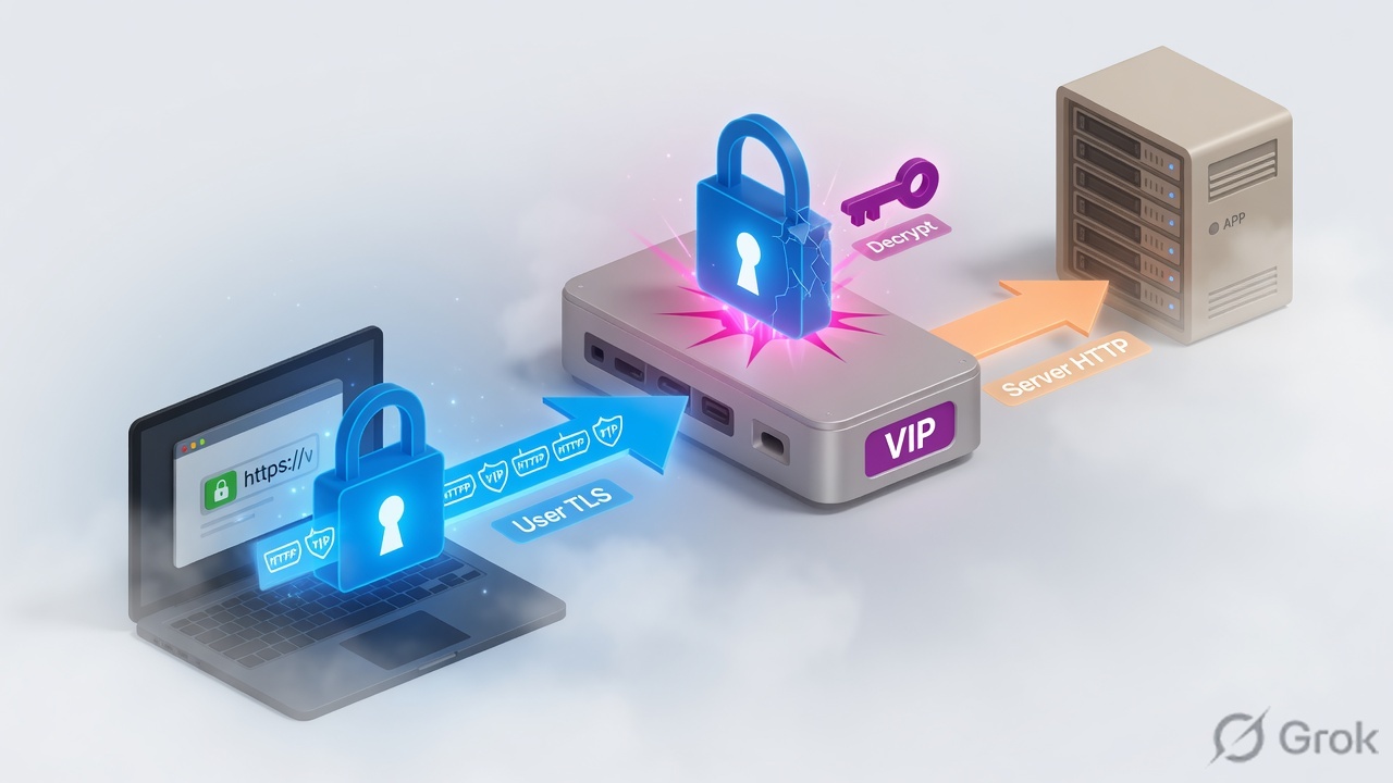 User TLS terminates on F5 VIP, then HTTP continues to the server