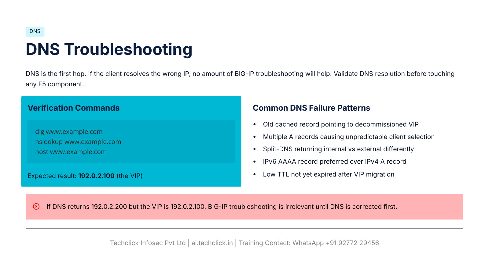 DNS troubleshooting: dig nslookup host, expected 192.0.2.100