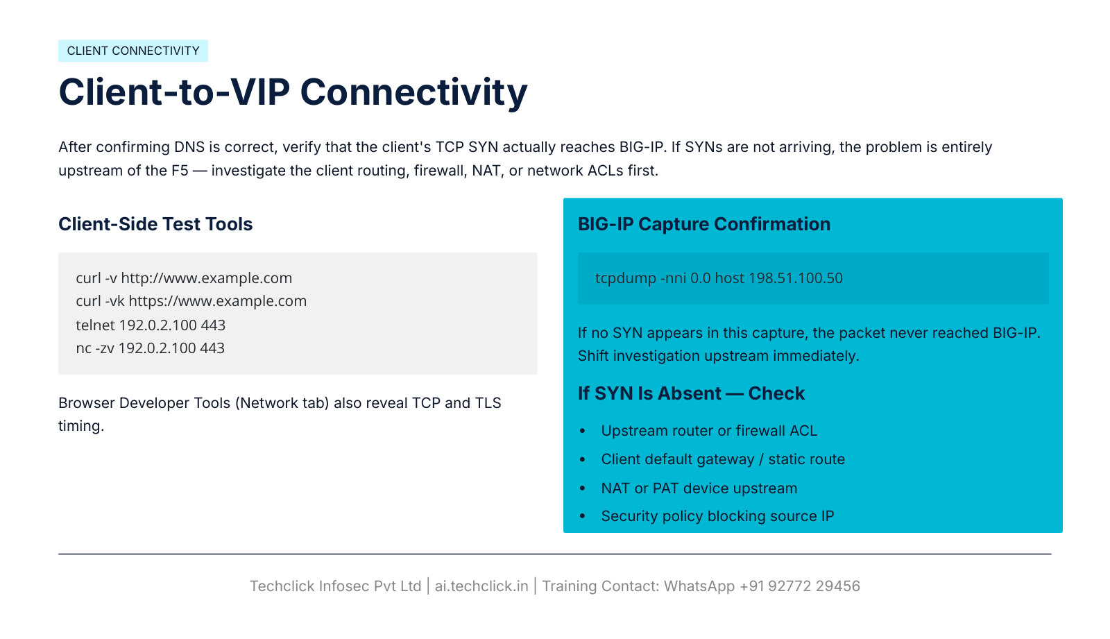 Client-to-VIP connectivity curl telnet nc tcpdump