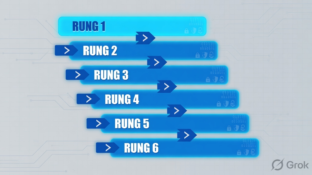 Six abstract rungs of a troubleshooting ladder