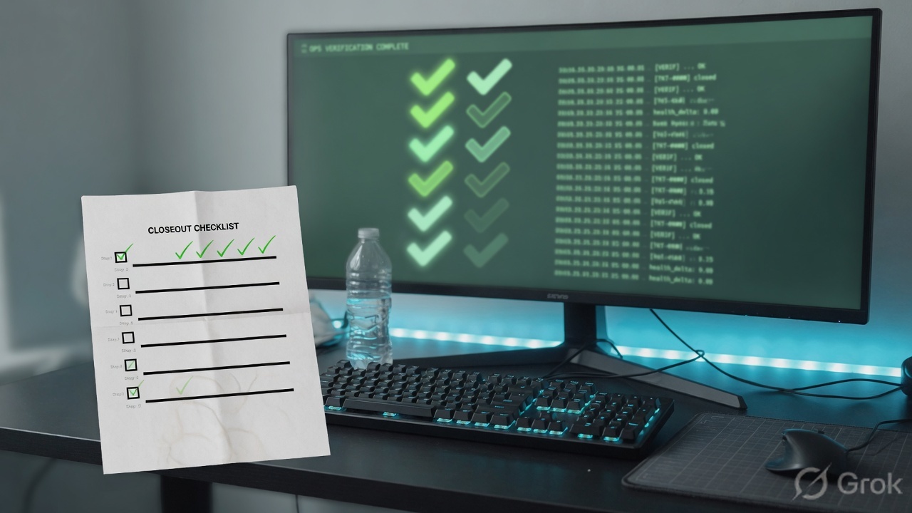 Operations desk with health checkmarks after a closed ticket