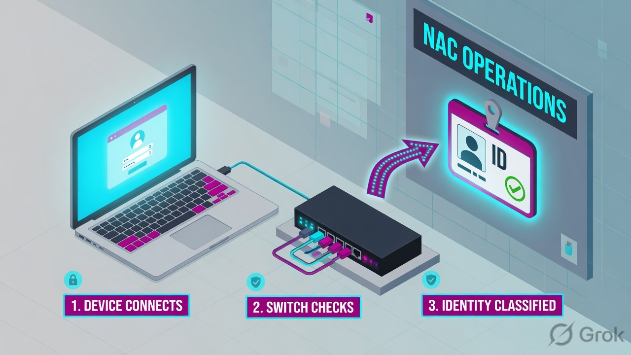 Teaches: a laptop connects, the switch is queried, then identity is classified — see before control