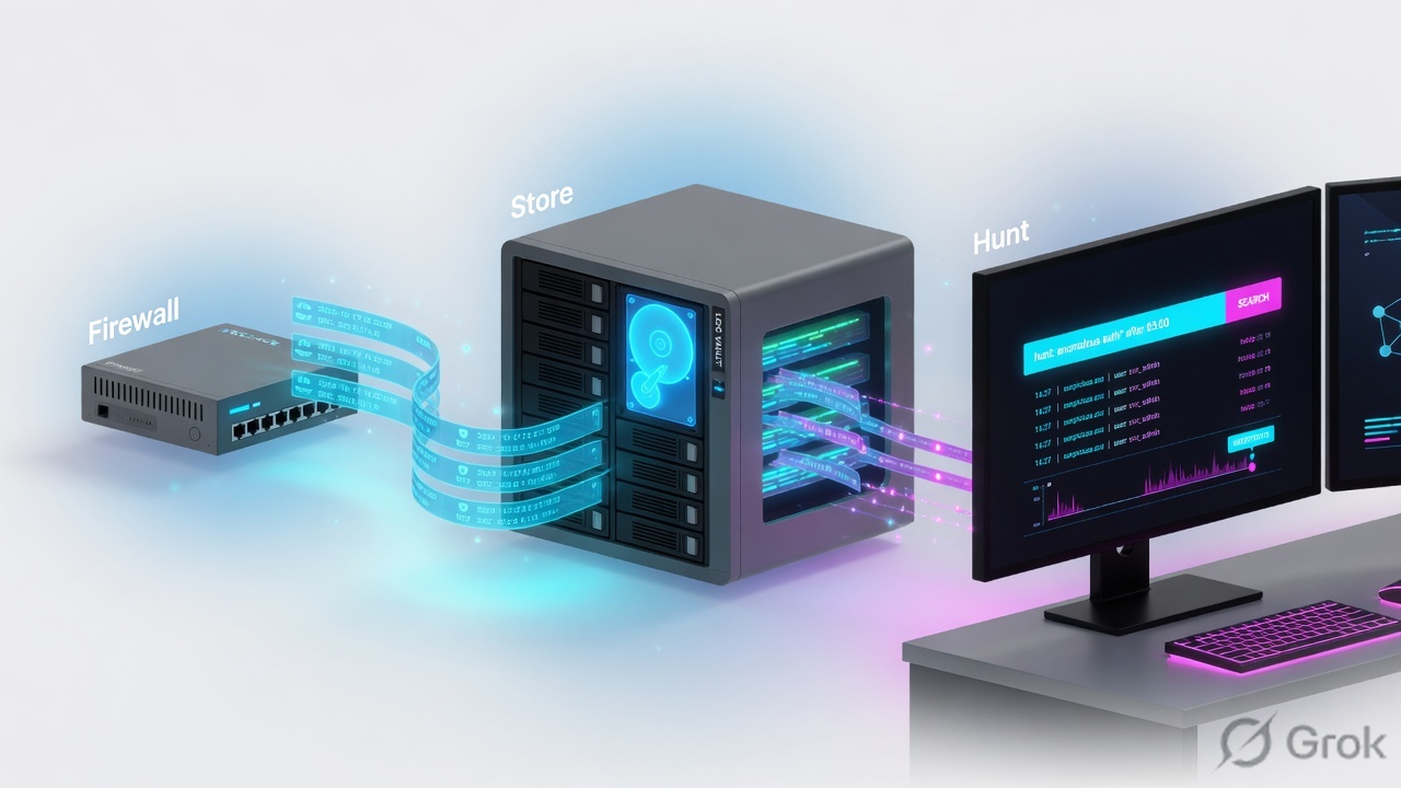Firewall appliance sending a log stream into a store appliance, then a hunt search pane