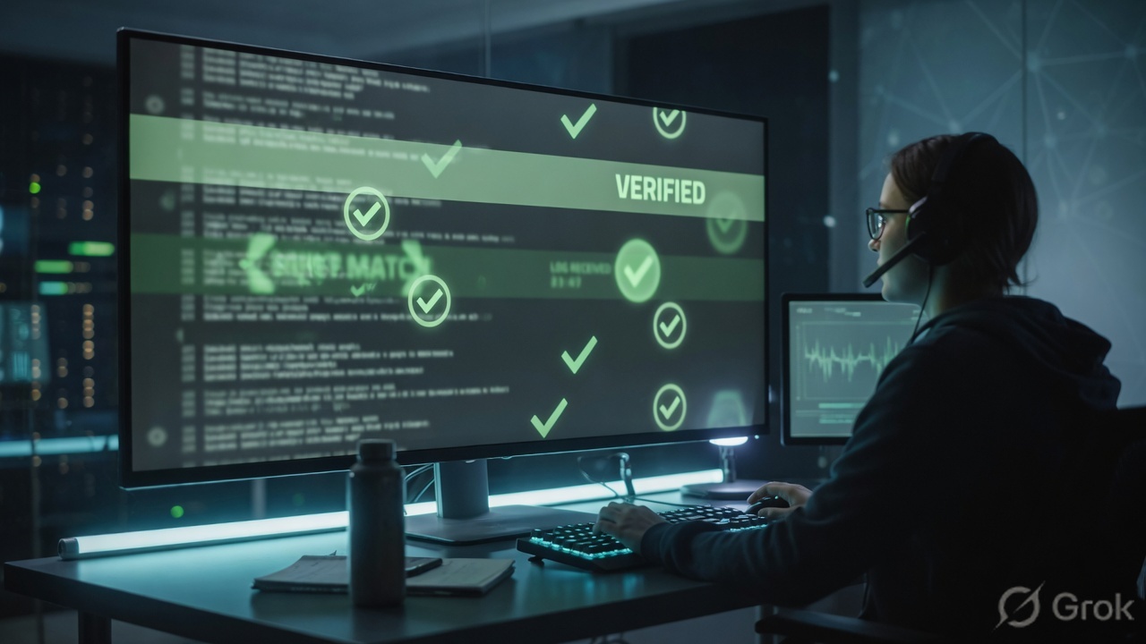 Analyst at a monitor verifying log arrival with abstract green checkmarks