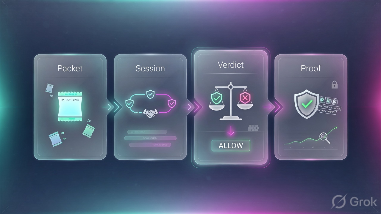 Teaches: packet becomes a session, then a verdict, then a proof field