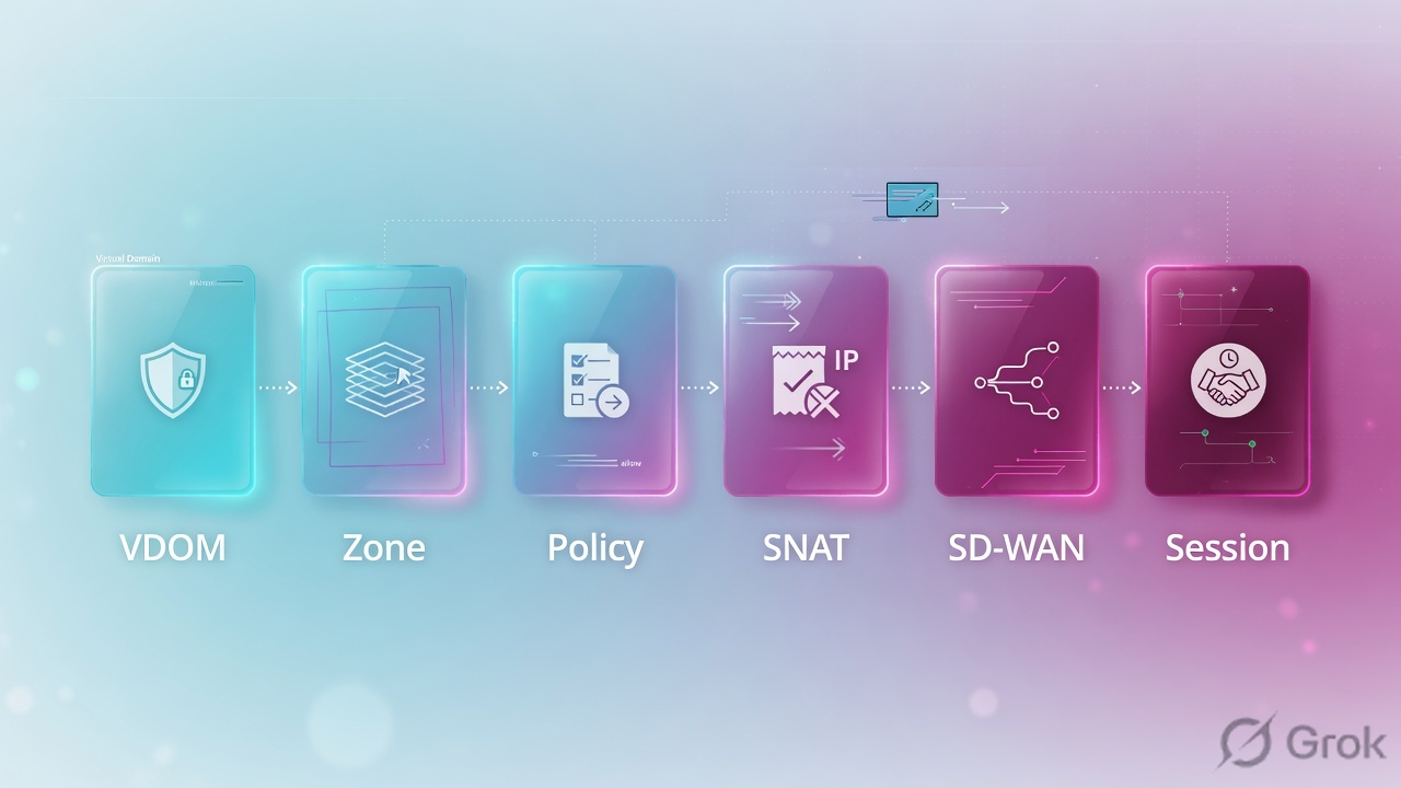 Teaches: VDOM then zone then policy then SNAT then SD-WAN then session