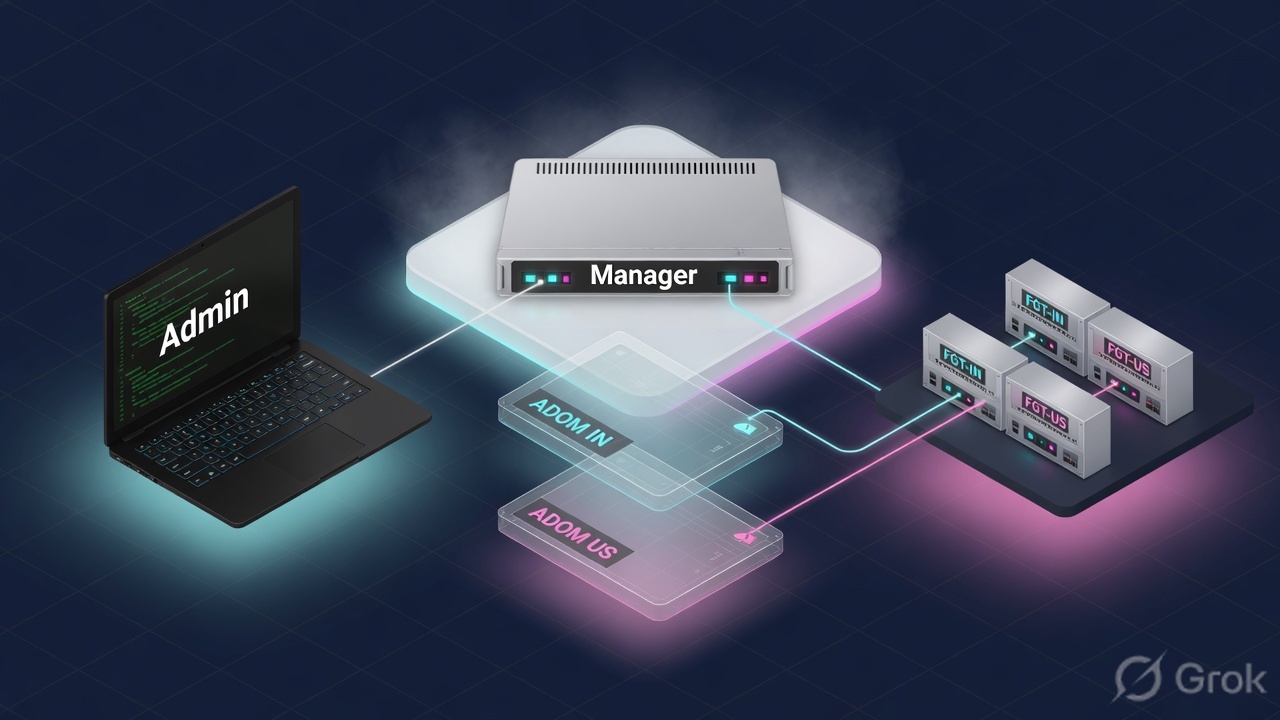 Admin workstation to a central FortiManager that fans policy into two ADOMs, each managing its own FortiGate
