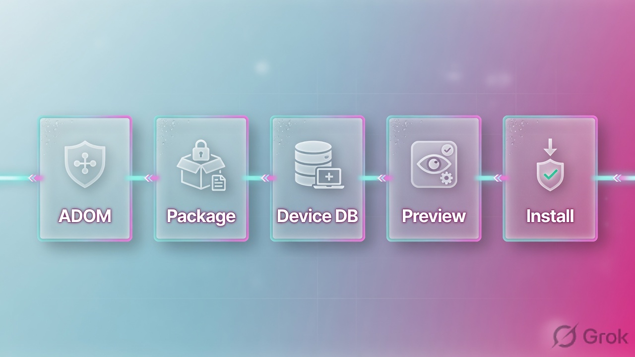 Five-stage pipeline from ADOM through policy package, device database, preview, and install