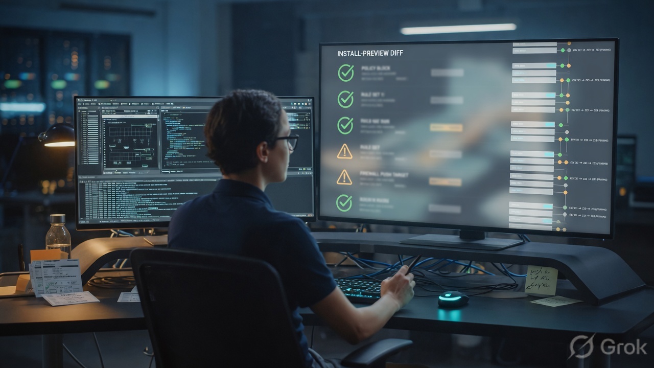 Operator reviewing an install-preview style diff and revision timeline on a NOC desk
