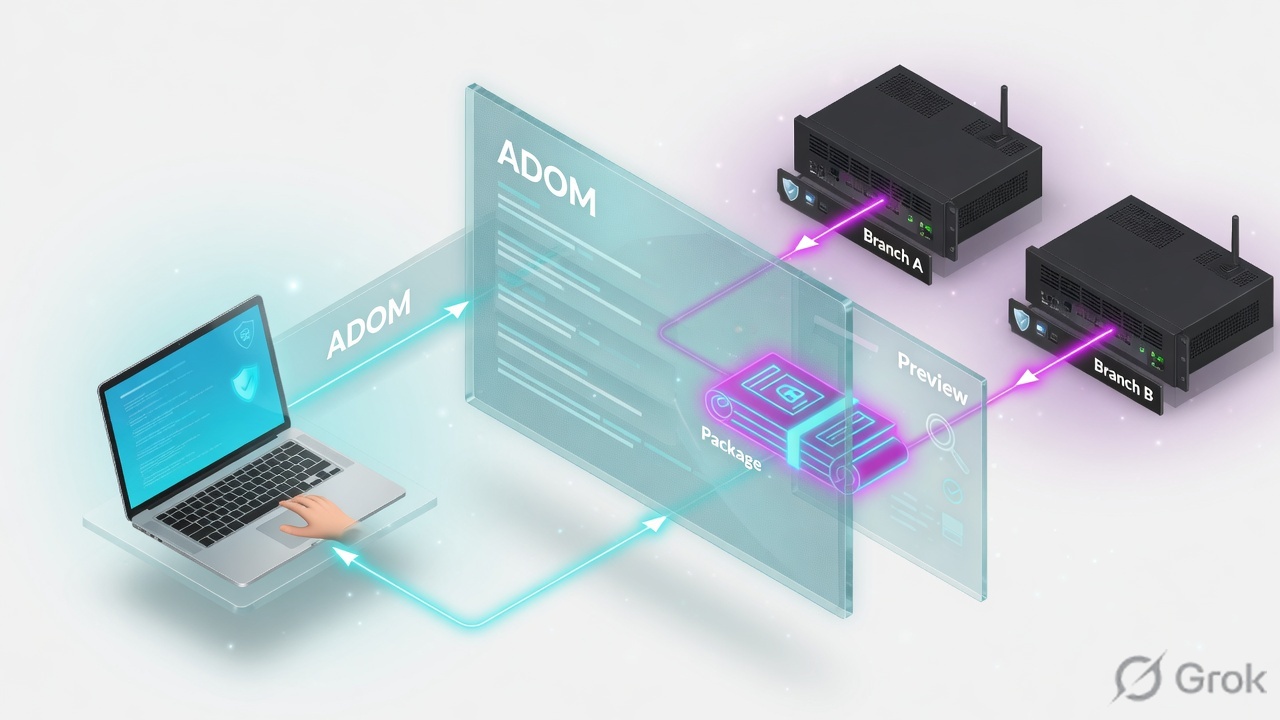 Laptop editing an ADOM, policy package passing a Preview pane, then two branch firewalls