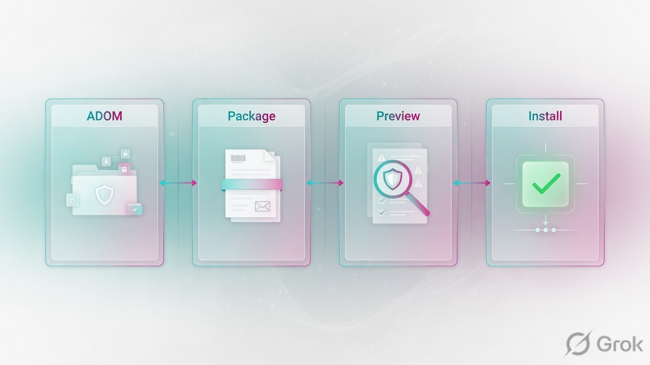 Four glass panels labeled ADOM, Package, Preview, Install