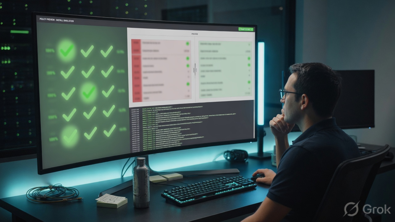 Engineer reviewing an install preview with checkmarks and a diff panel