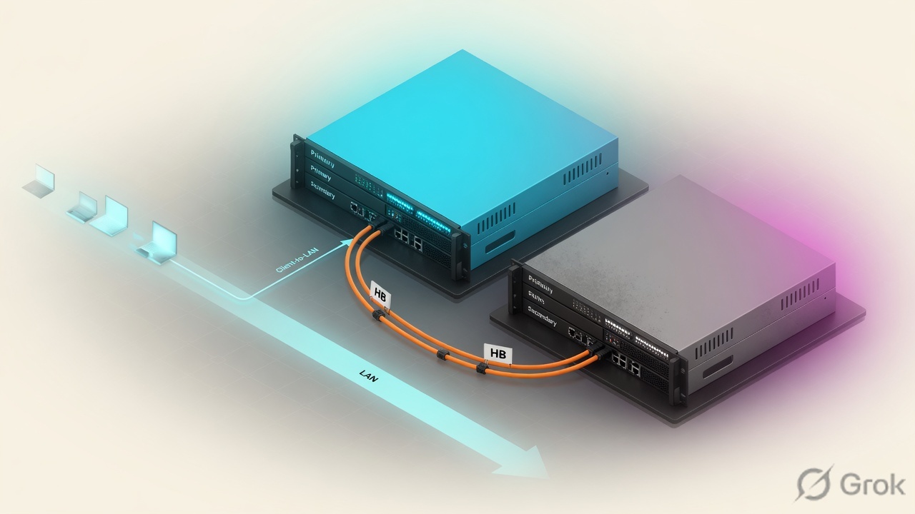 Two firewalls: primary forwards traffic, secondary listens on heartbeat cables