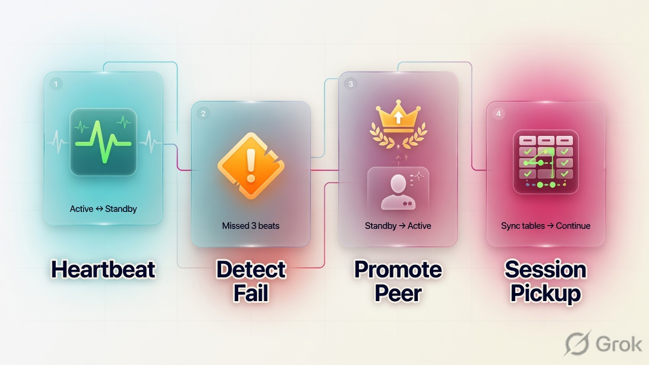 Four-step failover path: heartbeat, detect fail, promote peer, session pickup