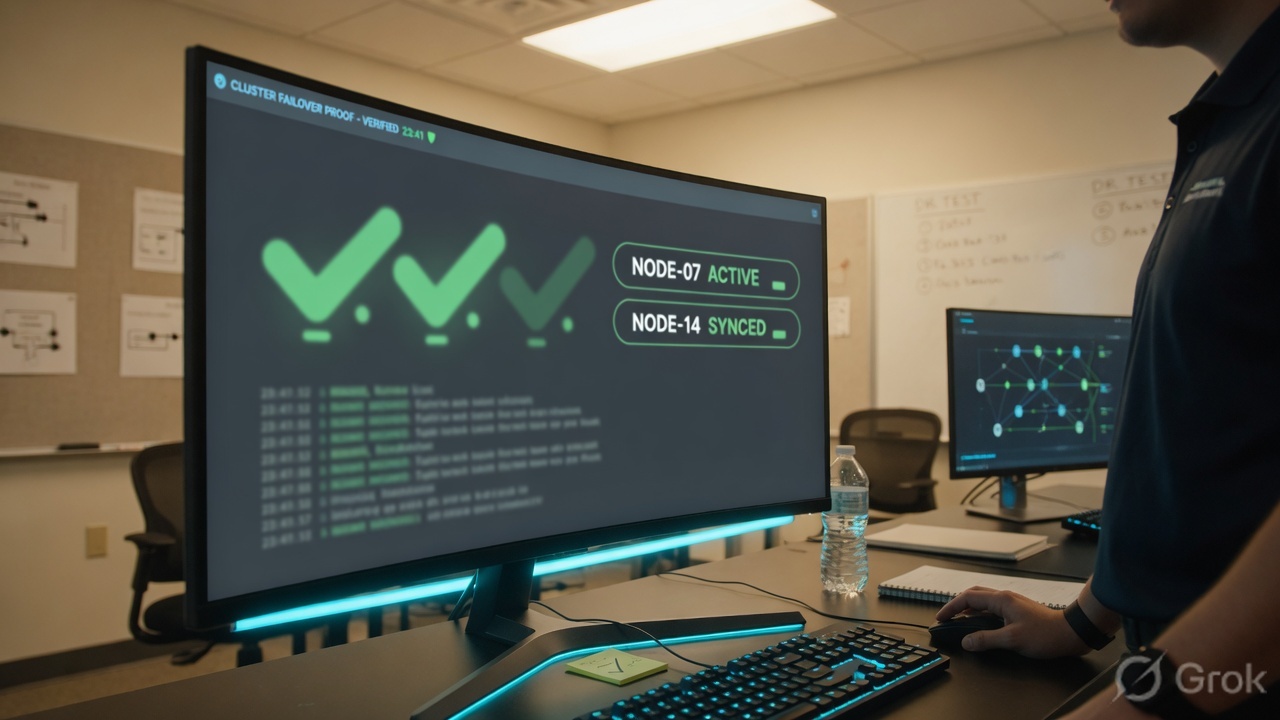 Operator verifying cluster health and failover evidence on a monitor