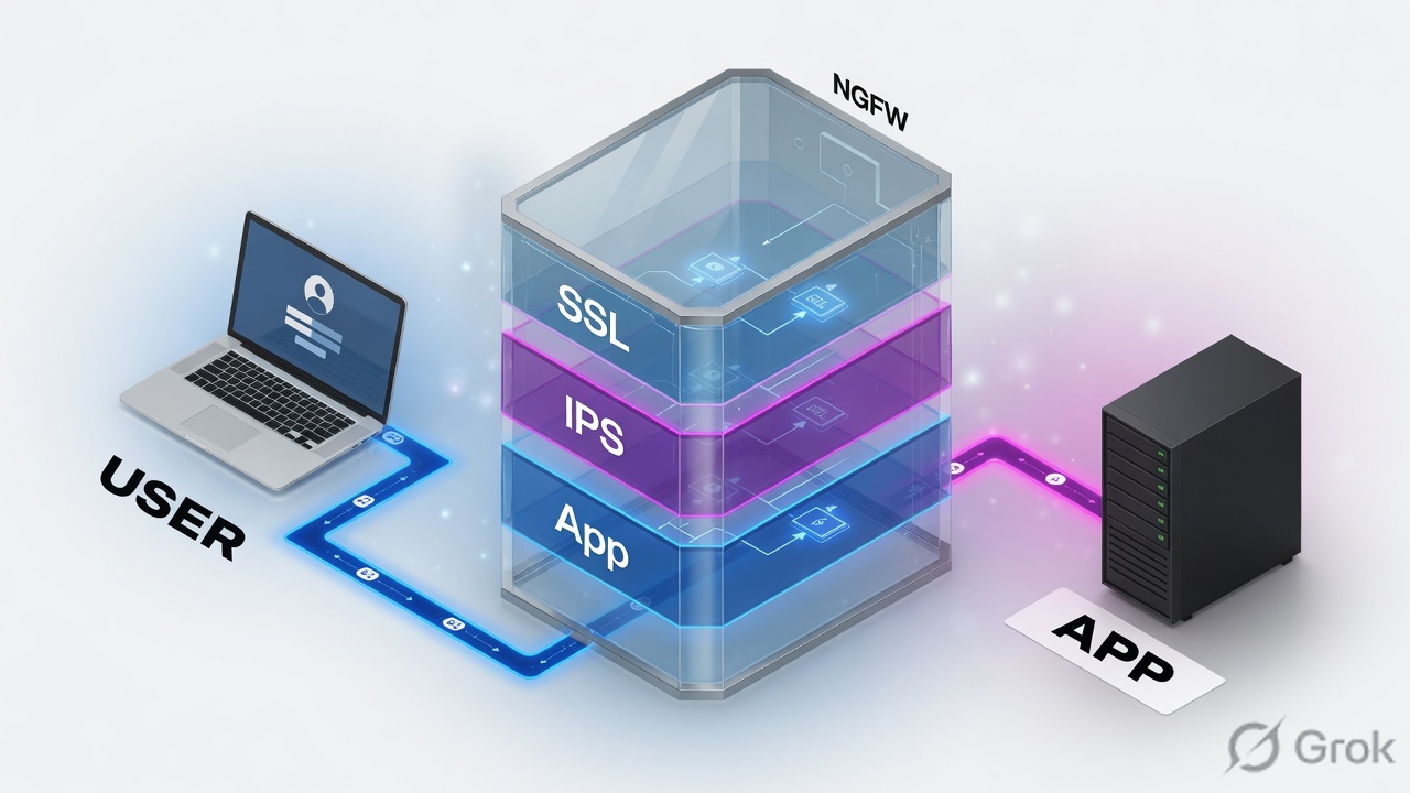User traffic through an NGFW with SSL, IPS and App Control layers before the application