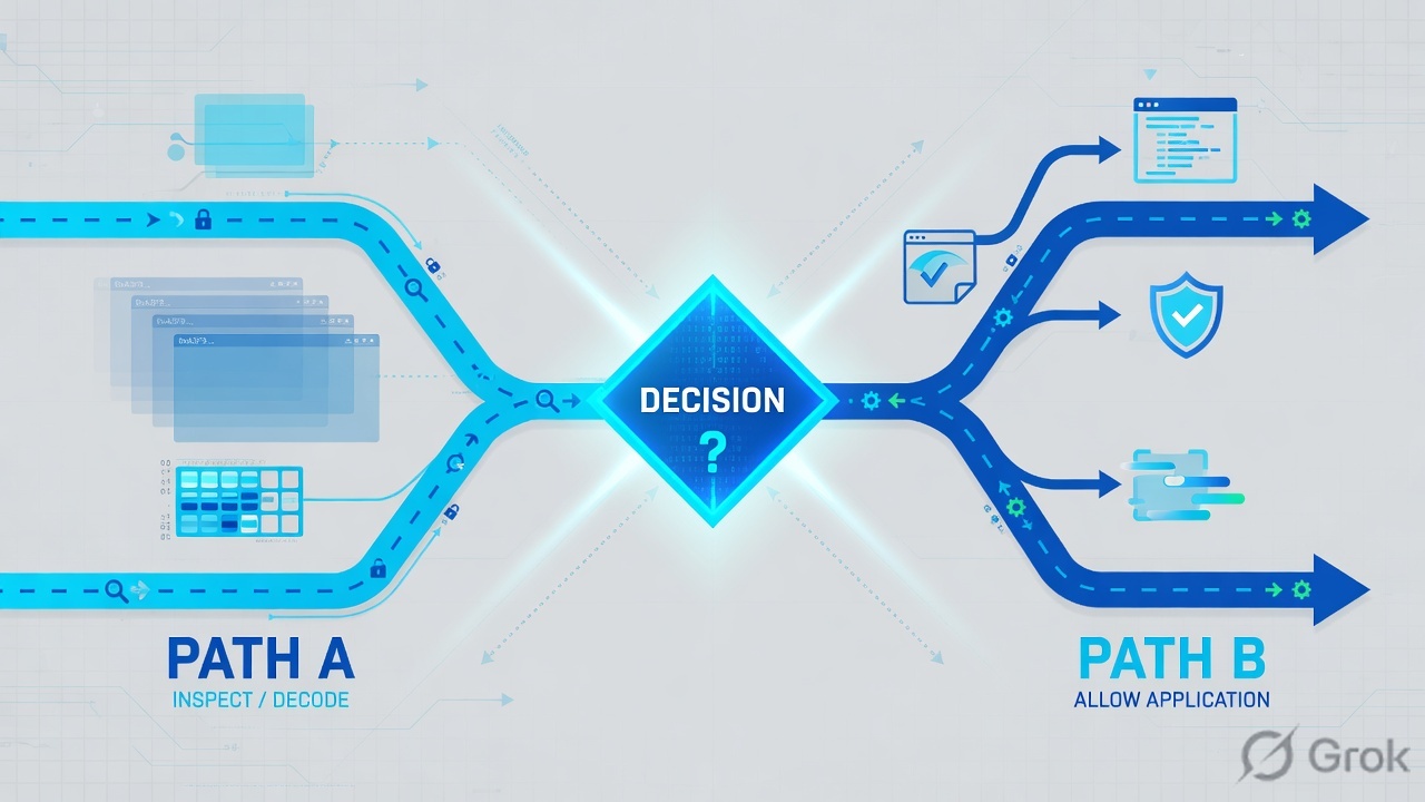 Decision node splitting inspect path from allow-the-app path