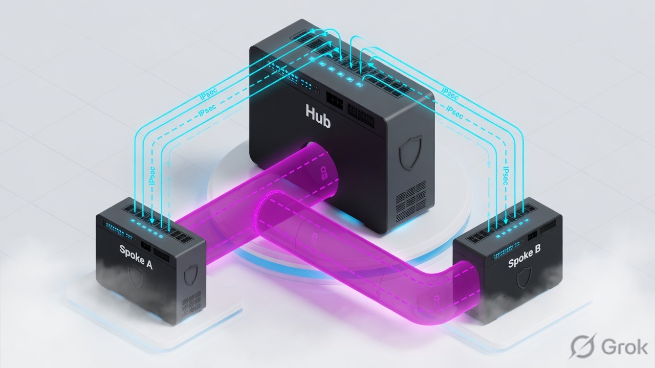 Hub FortiGate with two spoke branches; cyan overlay to the hub and a magenta shortcut forming between spokes