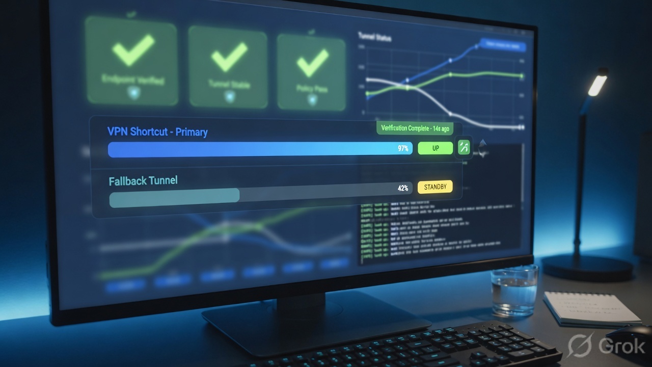 Operator at a desk verifying VPN tunnel health and shortcut status on a monitor