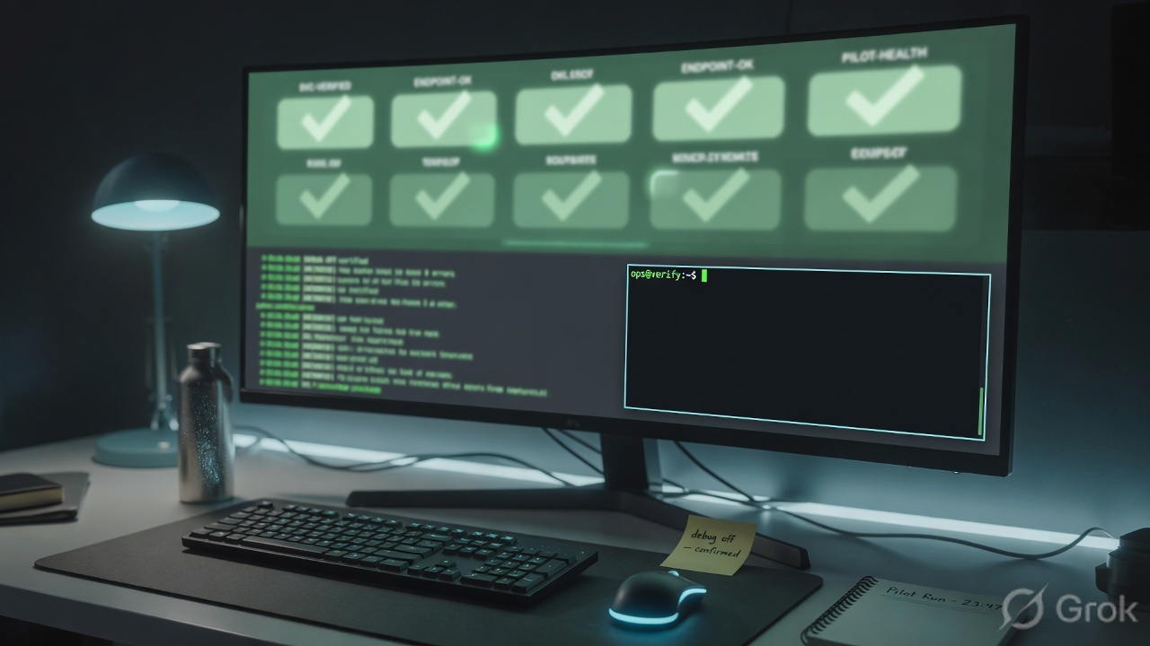 Operations desk with health checks and a note that debug is off
