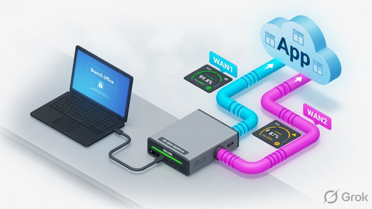 Branch FortiGate with two WAN pipes toward a SaaS cloud; SLA gauges on each underlay