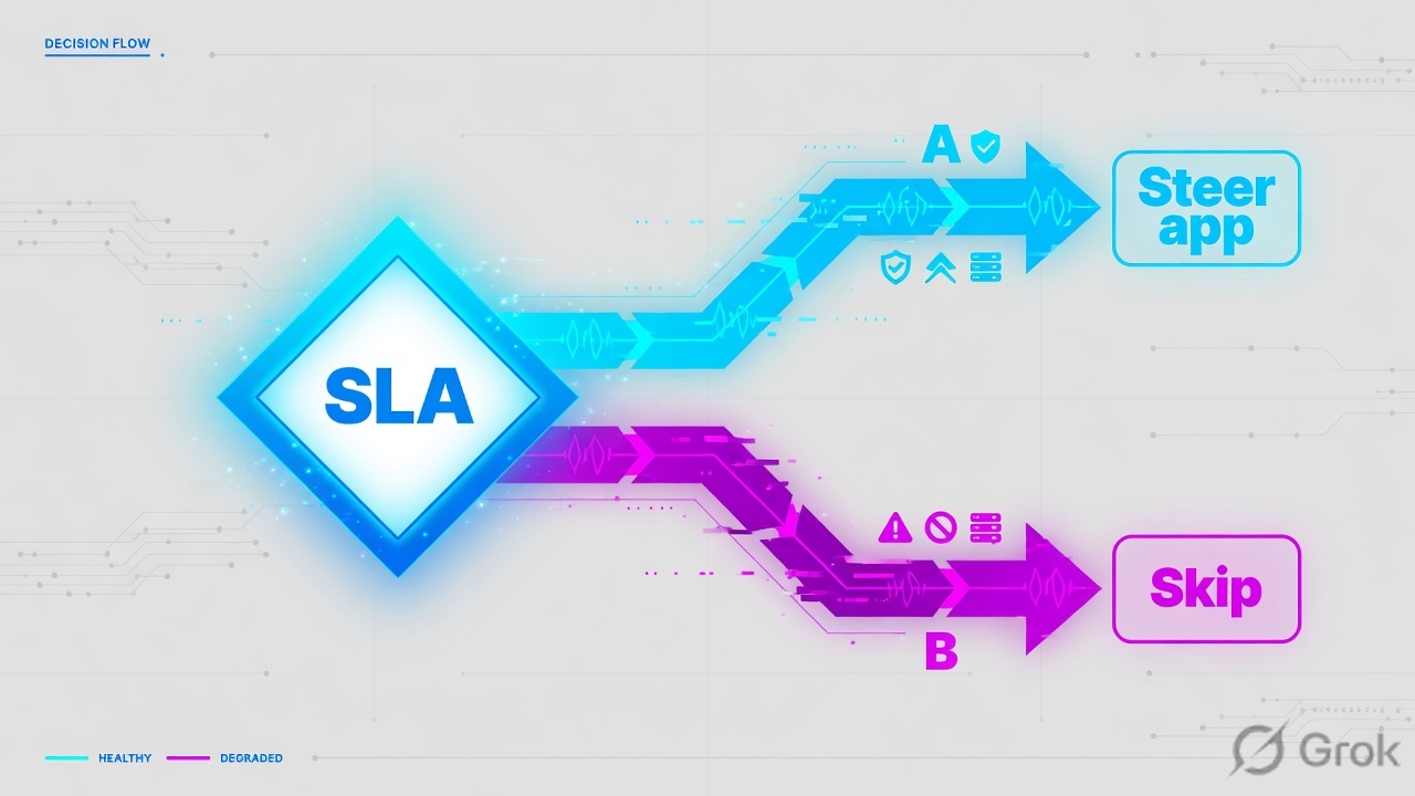 Decision diamond labeled SLA splitting traffic into a healthy steer path and a skip path