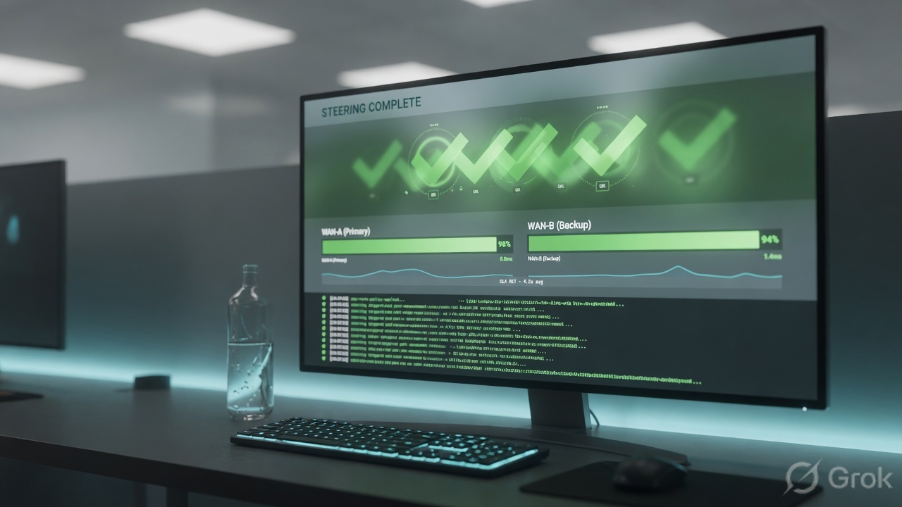 Operator desk with a monitor showing abstract WAN health checkmarks and log lines