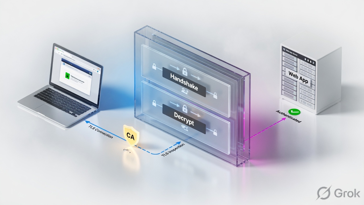 Laptop TLS session through a firewall with Handshake and Decrypt panes, CA shield in front of the inspect path