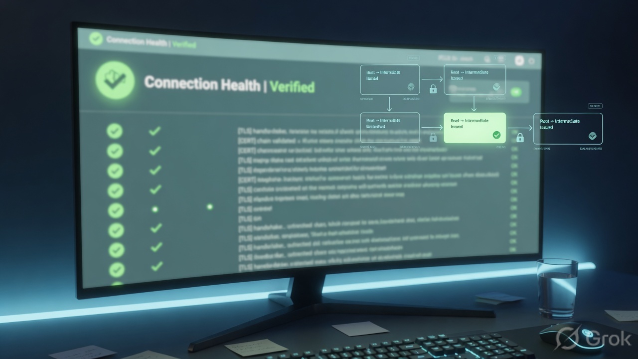 Operations monitor with verified connection health checkmarks and an abstract certificate chain