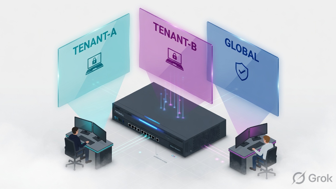 One firewall chassis with three glass panes labeled TENANT-A, TENANT-B and GLOBAL, two operators at separate consoles