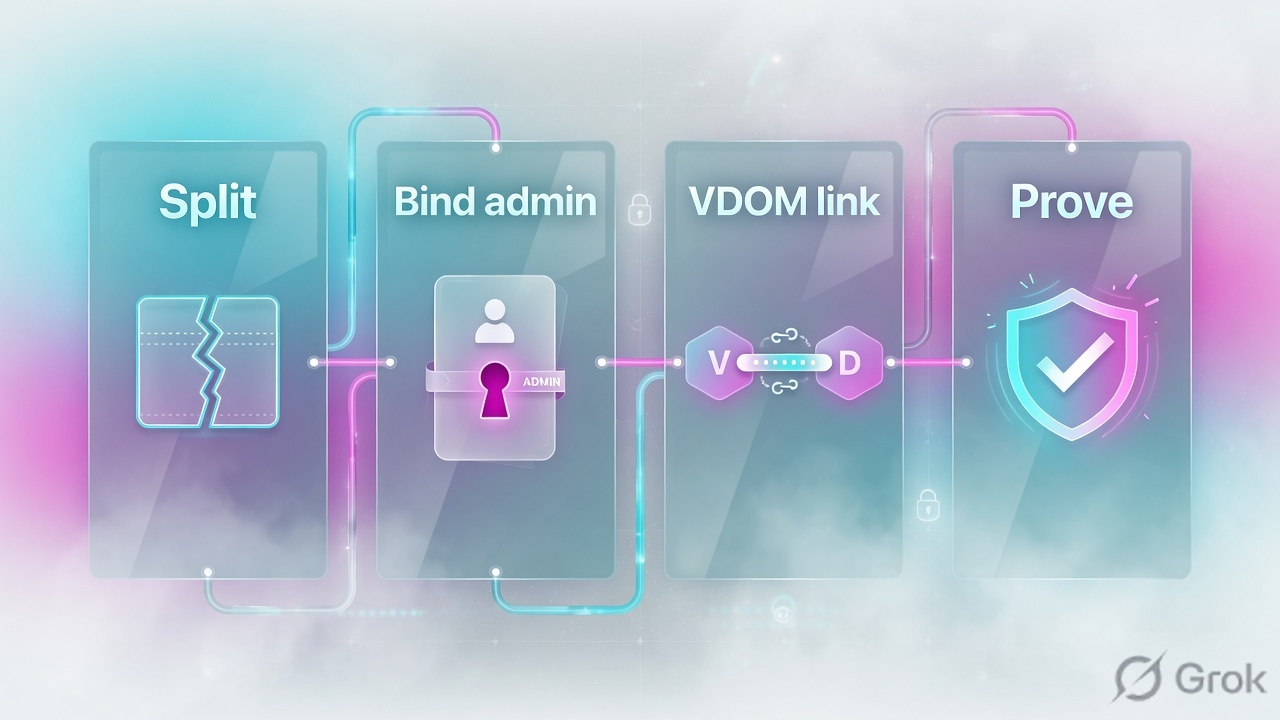 Four glass panels labeled Split, Bind admin, VDOM link, Prove