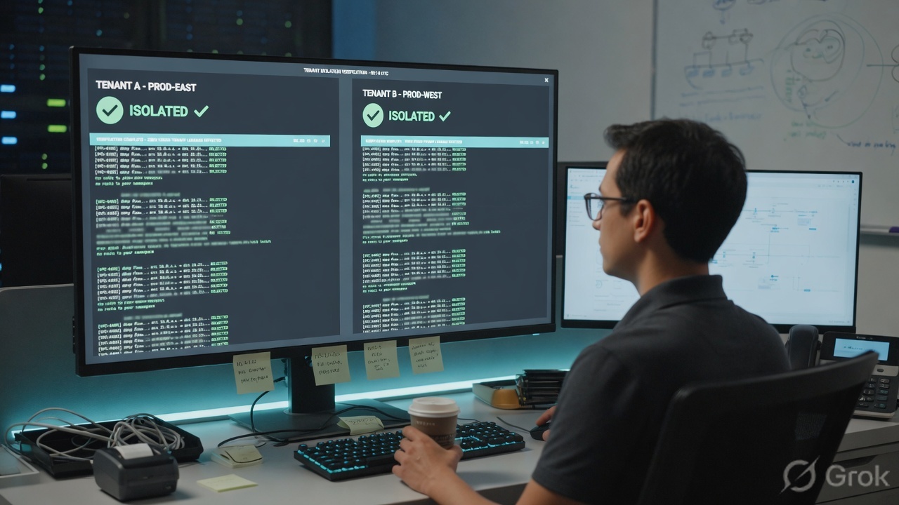 Engineer at a monitor showing two isolated tenant panes with green isolated checkmarks