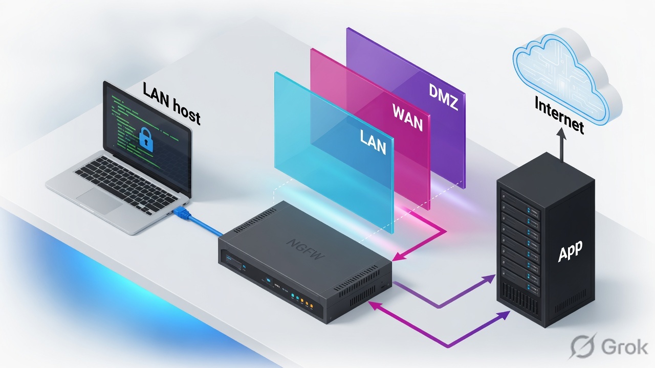 LAN host through a firewall with LAN, WAN and DMZ zone panes, then app and internet