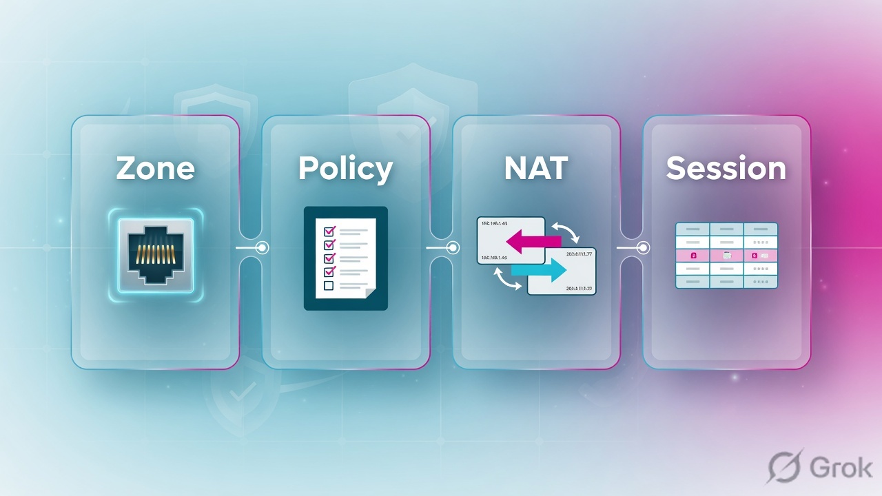 Four glass panels labeled Zone, Policy, NAT, Session