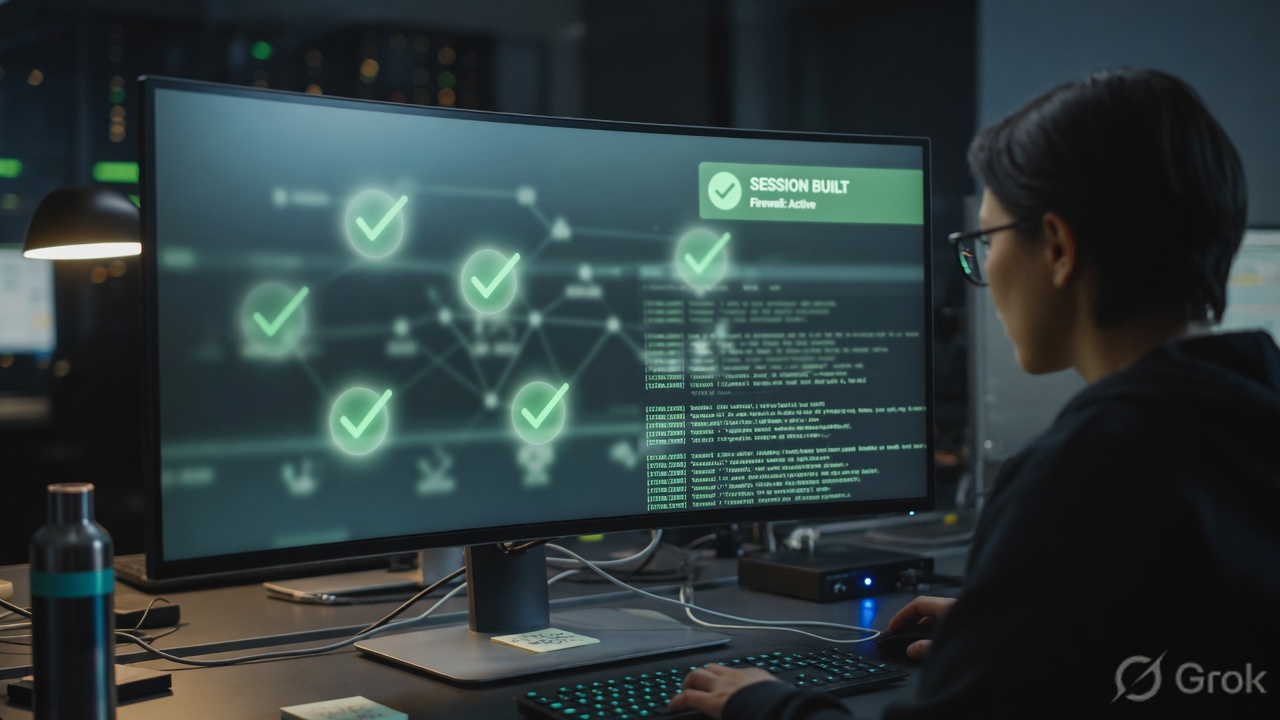 Engineer verifying a firewall session on a monitor with abstract checkmarks
