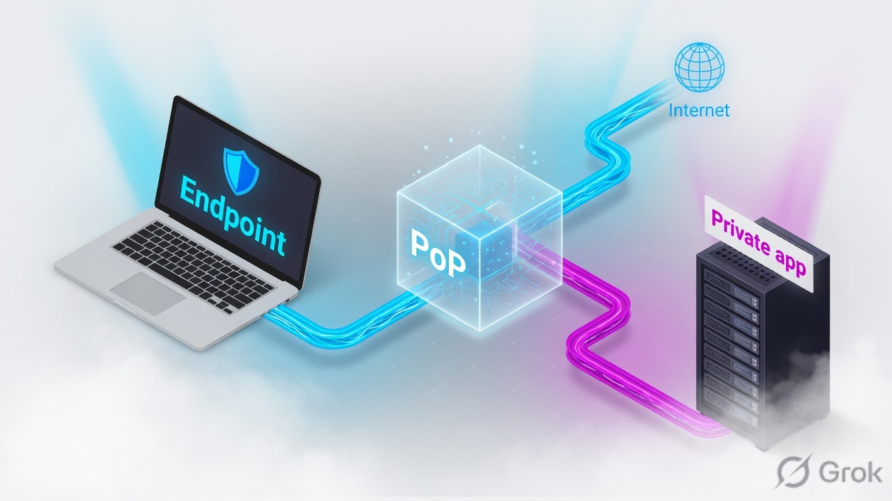 Endpoint laptop through a FortiSASE PoP cloud, then split to internet and a private app rack