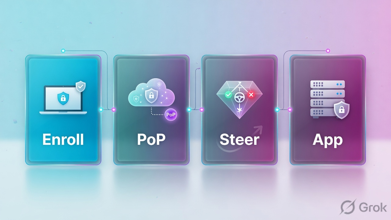 Four glass panels labeled Enroll, PoP, Steer, App