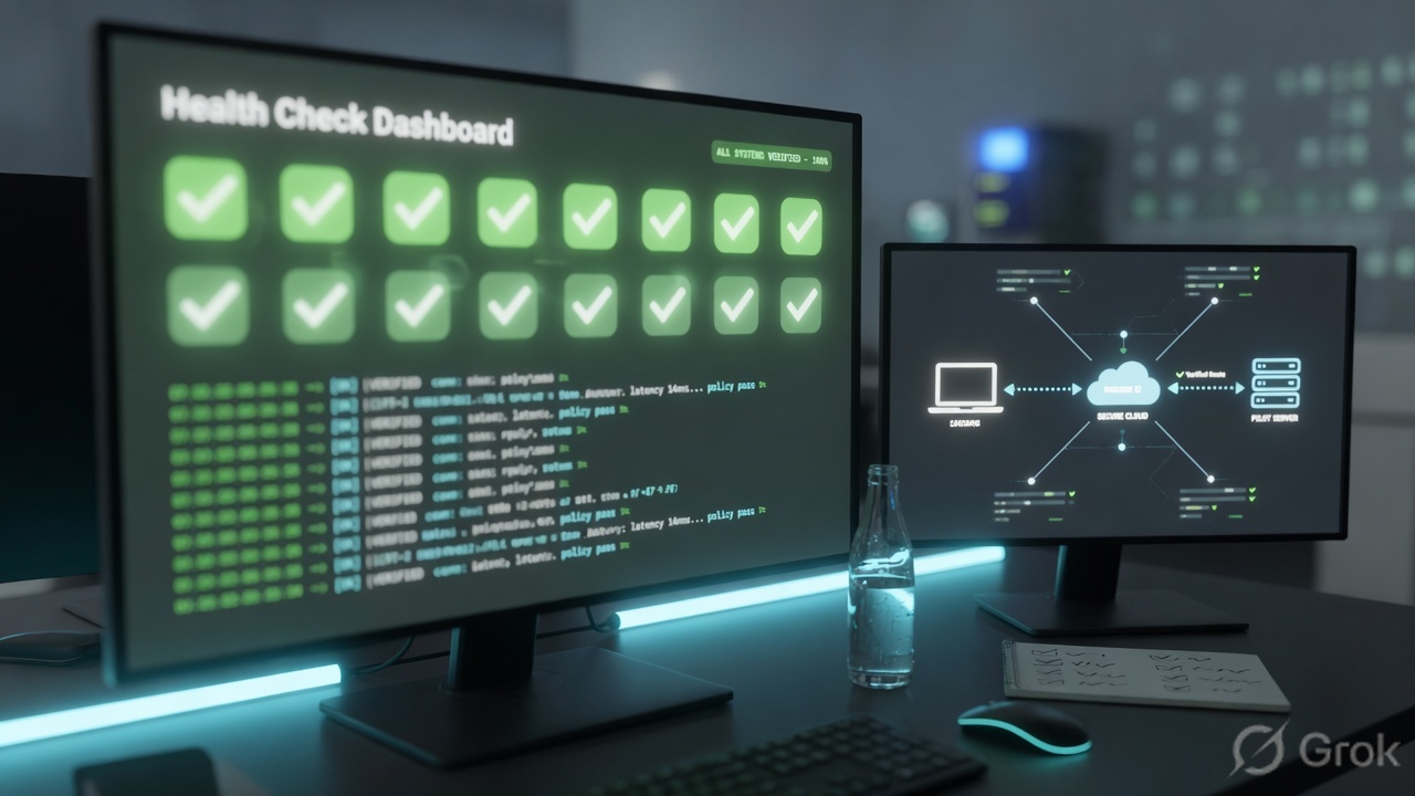 Operations desk with health checkmarks and a network map from laptop to cloud to server
