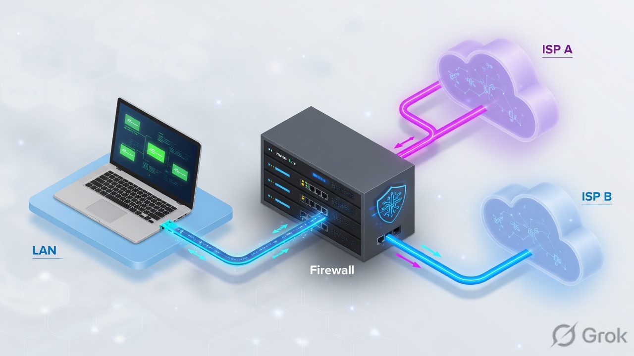 LAN packet entering a FortiGate-style firewall and splitting toward two ISP clouds