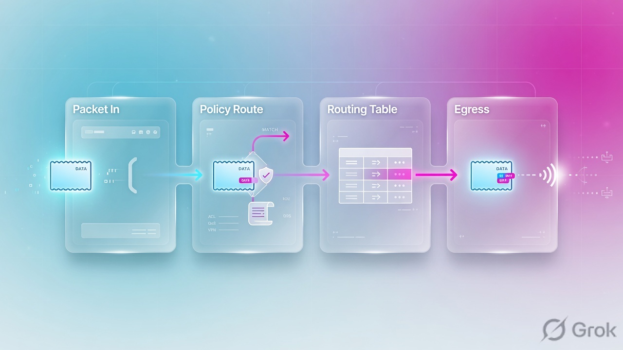 Four glass panels: packet in, policy route, routing table, egress