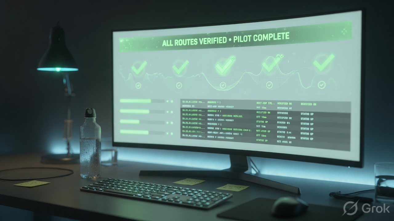 Operations desk with a monitor showing abstract routing-table health checks