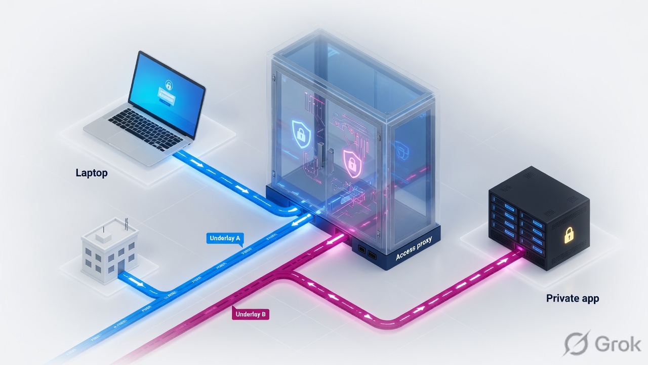 Teaches: laptop reaches one private app through an access proxy while two WAN underlays leave the branch