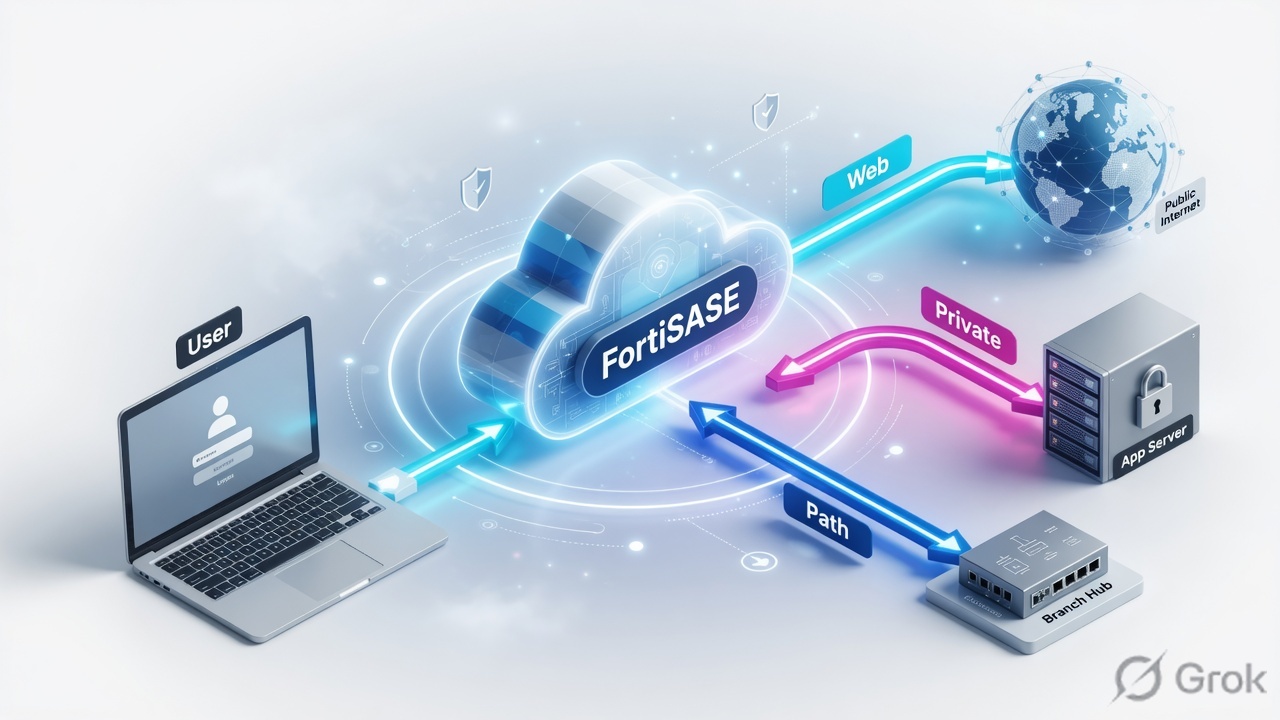 Laptop user through a FortiSASE cloud splitting to web, private app, and hub path
