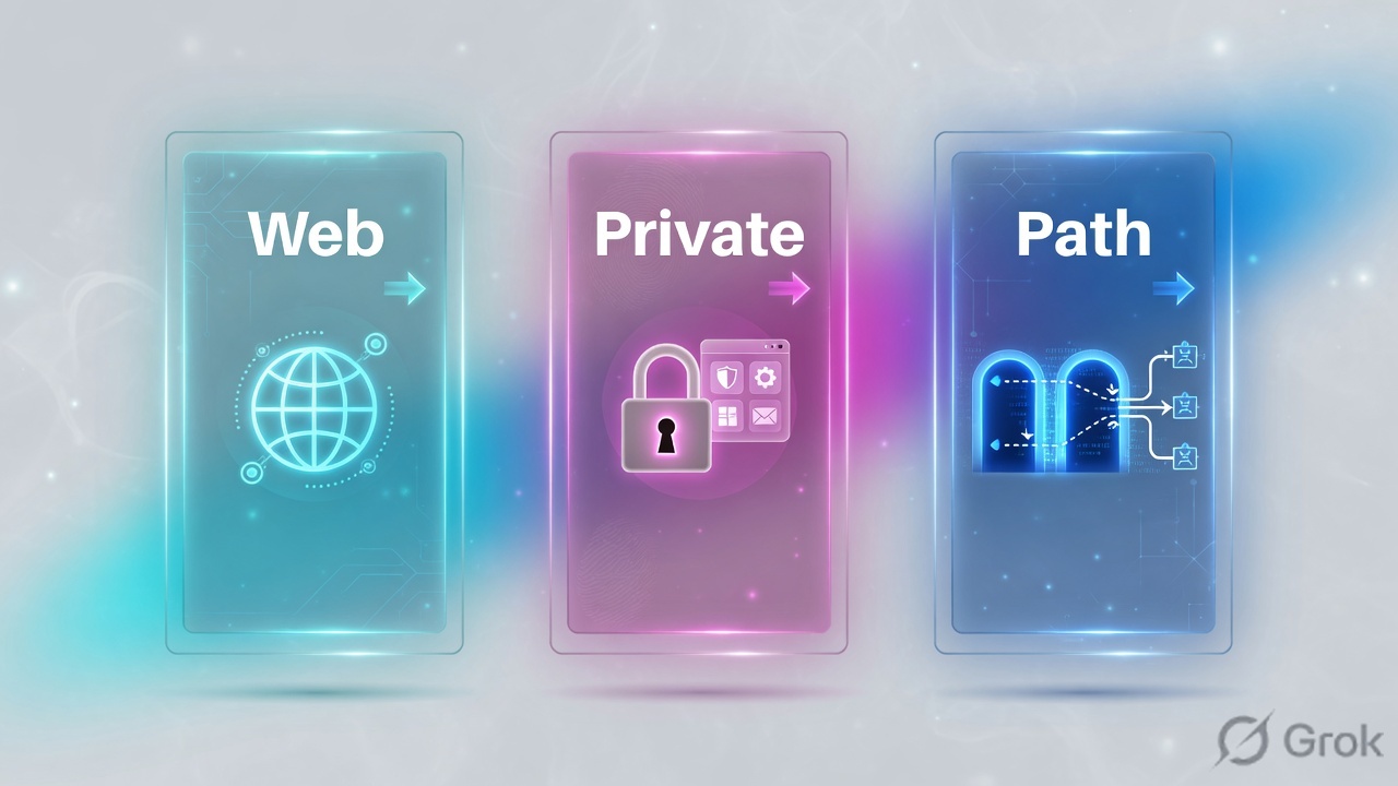 Three glass panels labeled Web, Private and Path