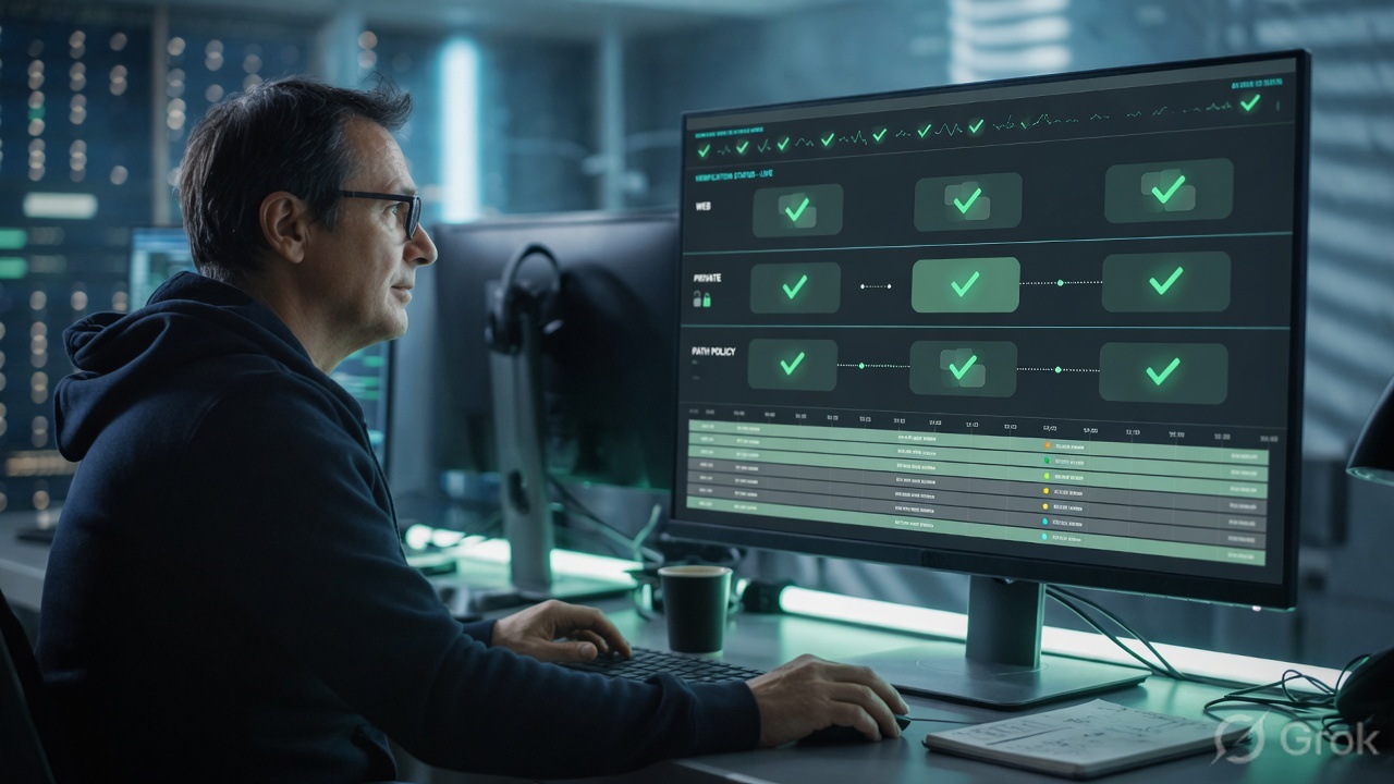 Engineer verifying FortiSASE logs and hub health on a monitor